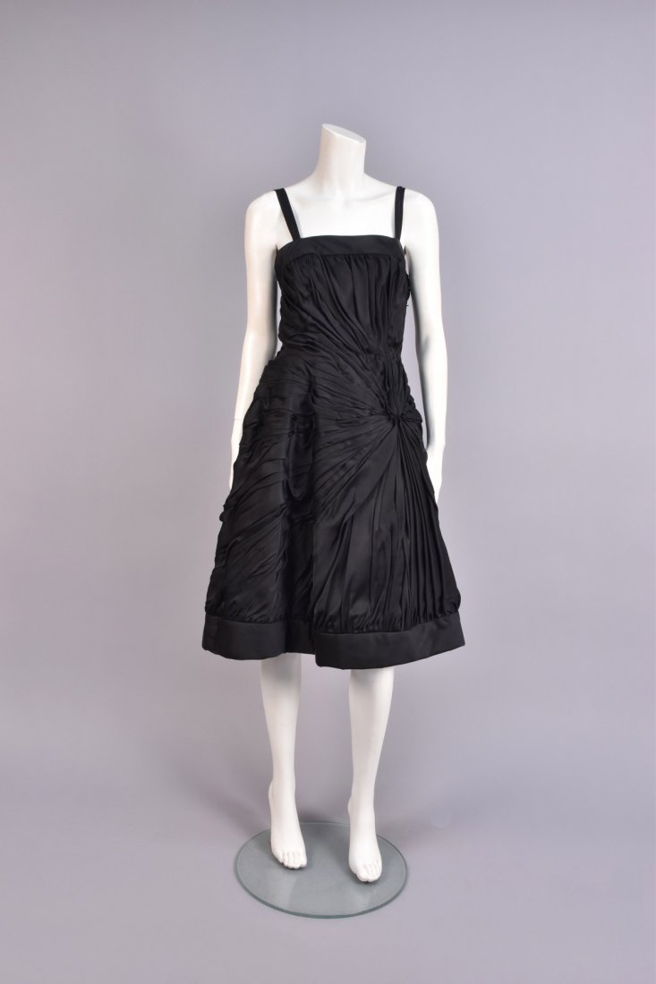 RUCHED BLACK COCKTAIL DRESS, 1950s, (1 of 3)
