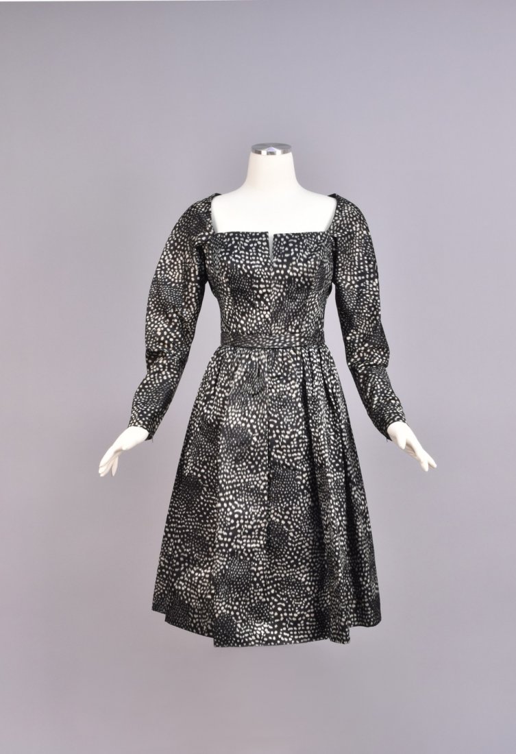 GALANOS WARP PRINTED SILK DAY DRESS, 1950s. (1 of 3)