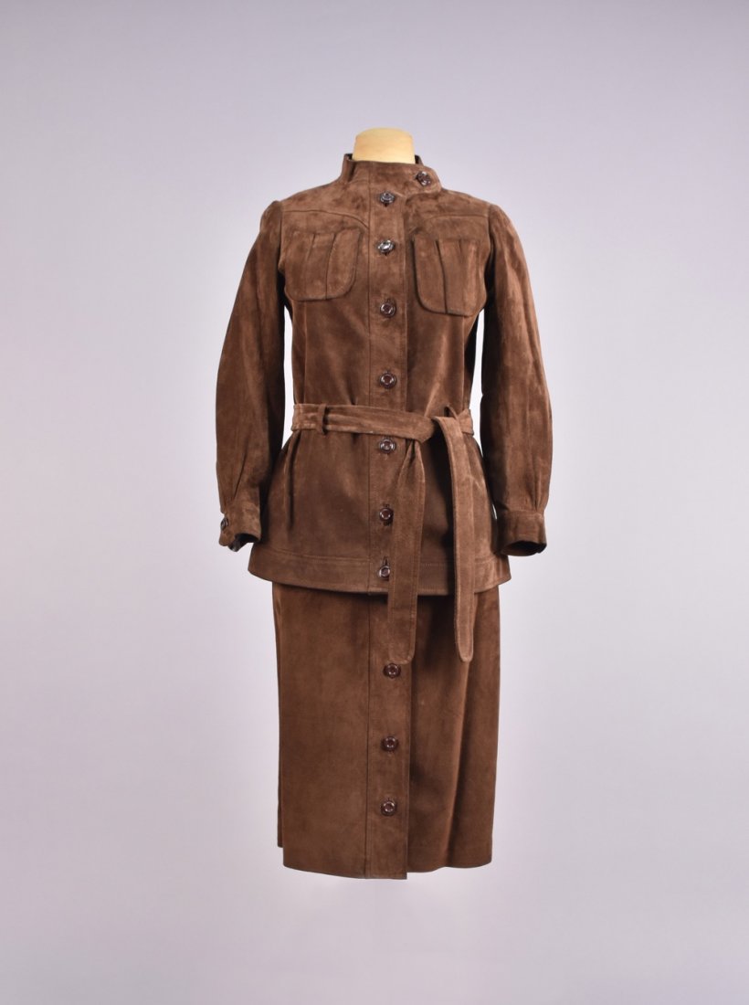 UNGARO PARIS SUEDE SKIRT SUIT, LATE 1960s. (1 of 3)