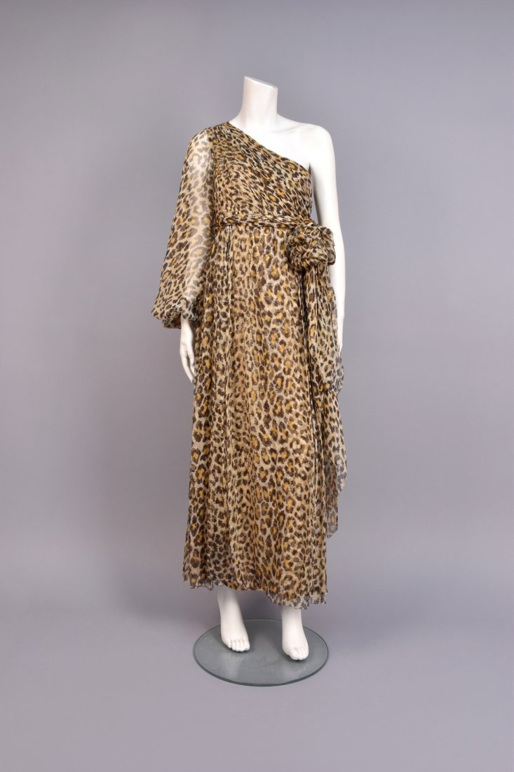 GALANOS ONE-SHOULDER LEOPARD PRINT SILK GOWN, 1960s. (1 of 3)