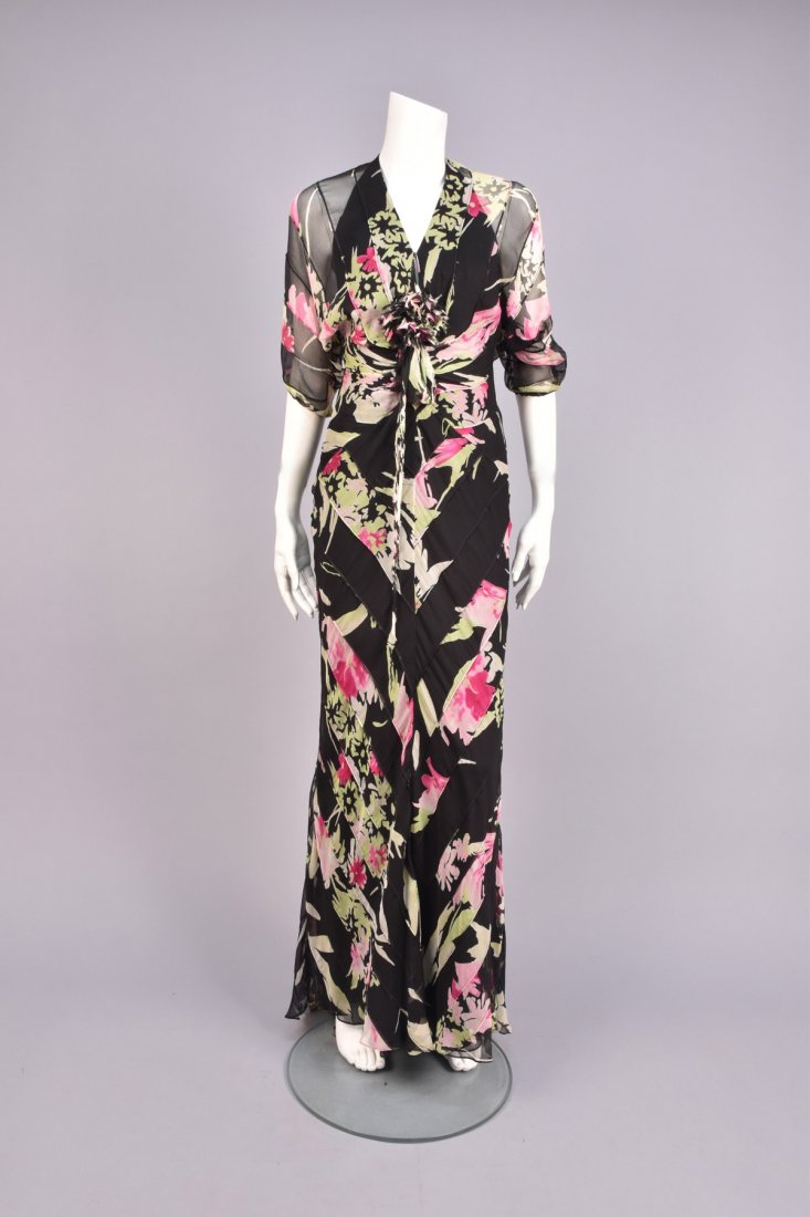 OSSIE CLARK ATTRIBUTED  FLORAL CHIFFON GOWN, 1970s. (1 of 4)