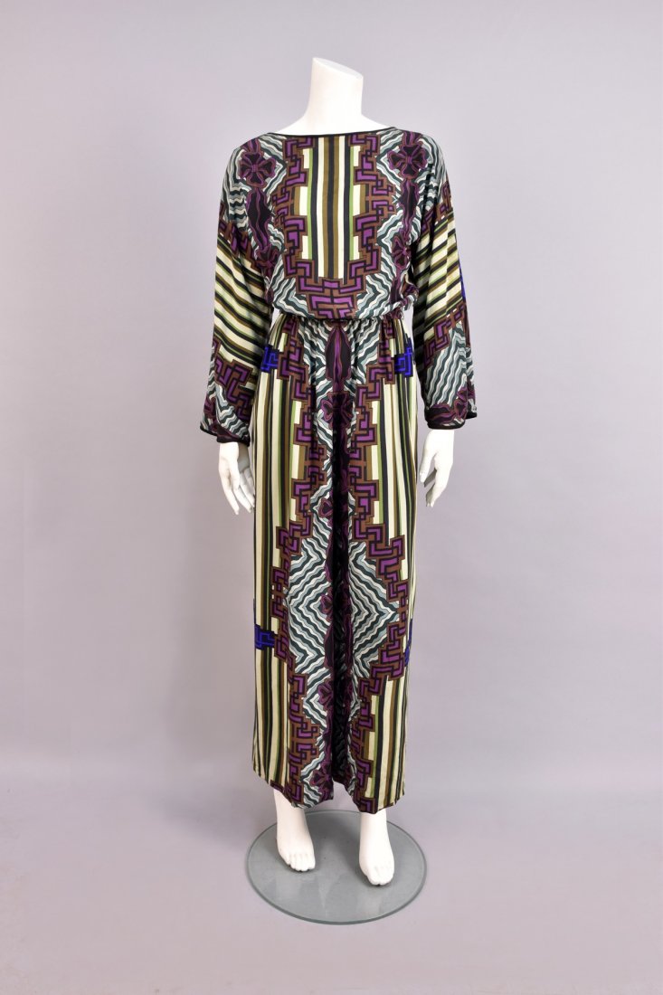 GALANOS PRINTED SILK CREPE JUMPSUIT, 1970s. (1 of 3)