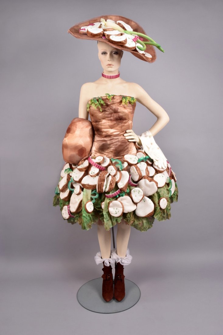 WILLA KIM/ BARBARA MATERA POTATO SALAD ENSEMBLE, 1988: Created for a Regina Wine Vinegar "Best Dressed Salad" television ad. Strapless dress with hoop skirt, corset bodice, 3D vegetable shapes on net over lycra, in silk, satin and foam with sequins, match