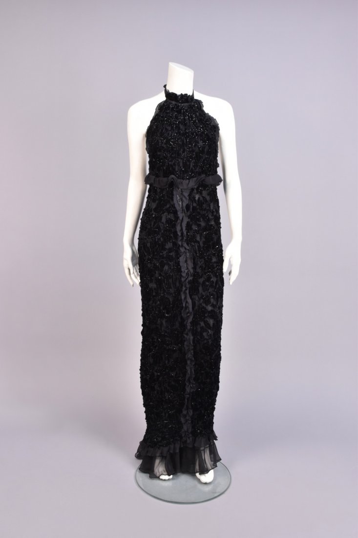 BADGLEY MISCHKA RUCHED VELVET HALTER DRESS, 1990s. (1 of 4)