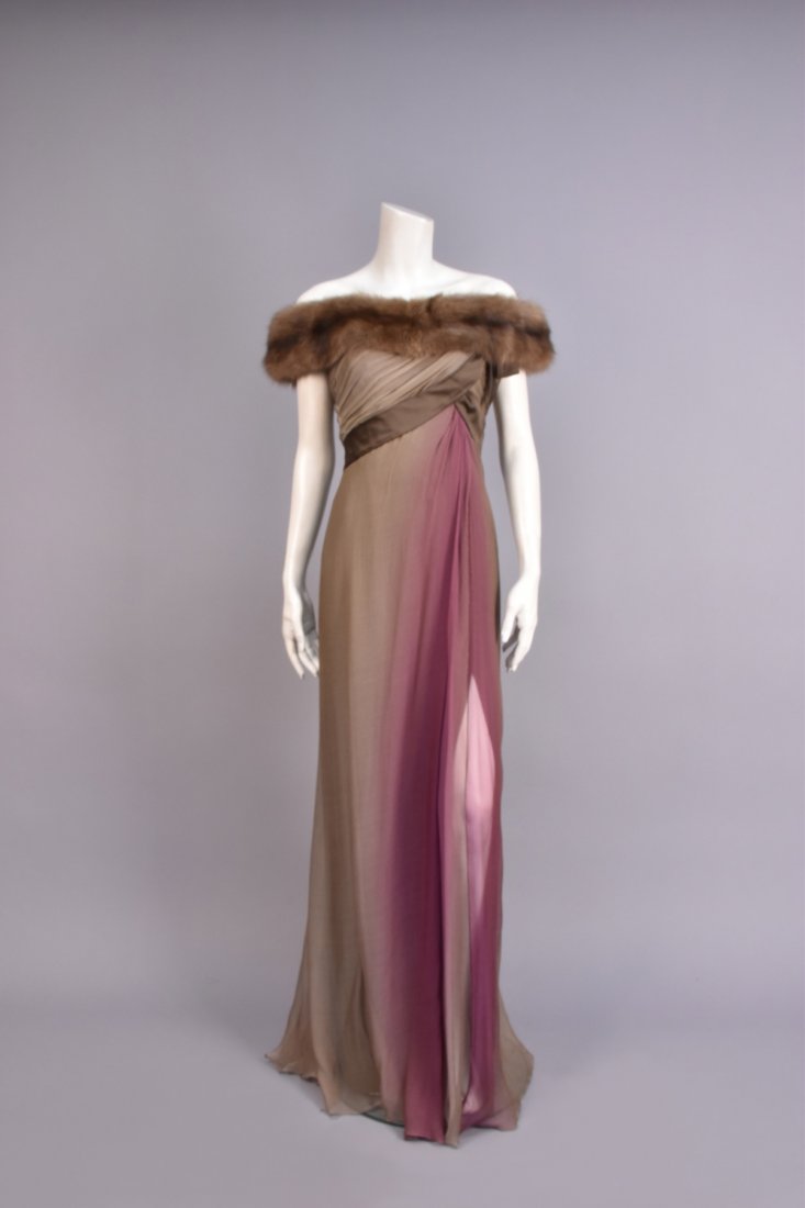 BOB MACKIE FUR TRIMMED CHIFFON GOWN.: Bodice trimmed in olive satin ribbon with an off-the-shoulder mink band at top, bodice lined in satin, flowing skirt over crepe under-skirt. Labeled. B-34, high W-28, L-63. (Small spots on under-skirt