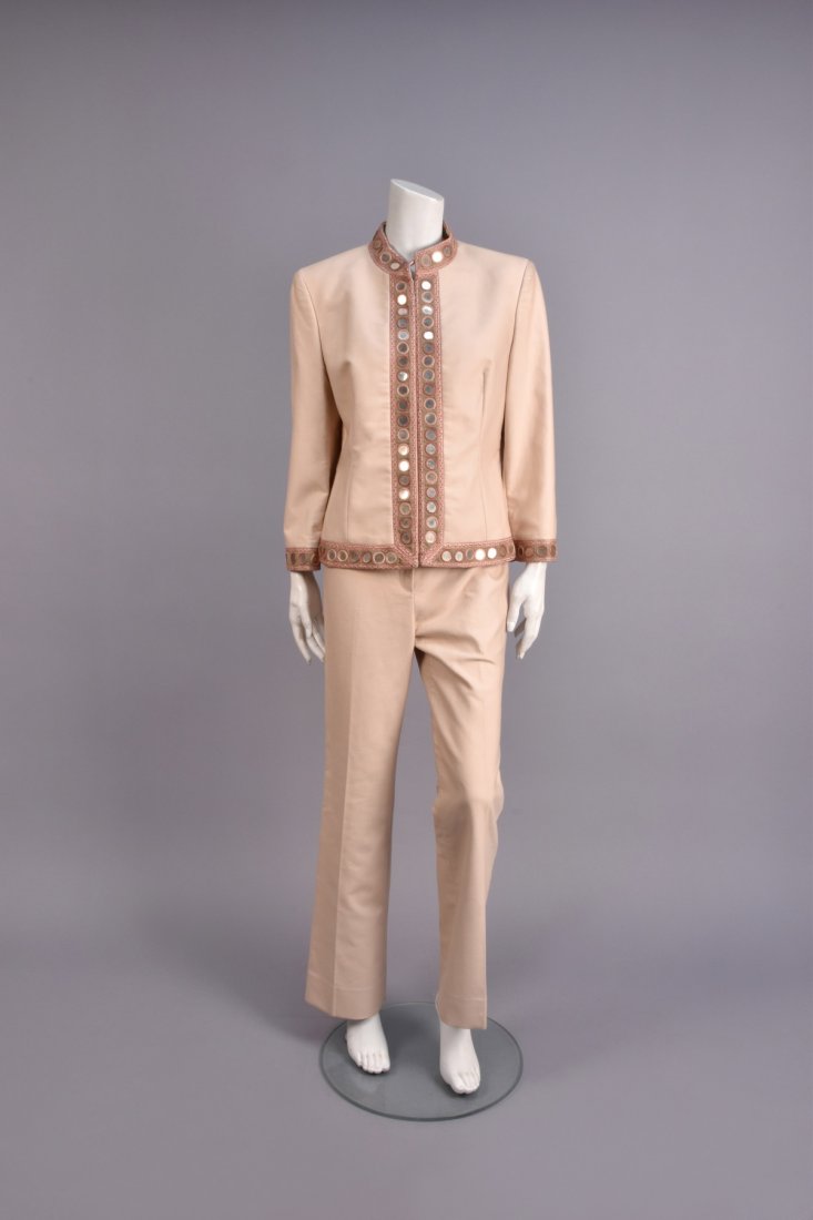 ALEXANDER McQUEEN MIRROR-TRIMMED PANTSUIT: Cream cotton blend Nehru style jacket with olive trim bands having pink embroidery inset with mica discs, hidden snap closures, straight leg trousers with tab waistband and two watch pockets, front zi