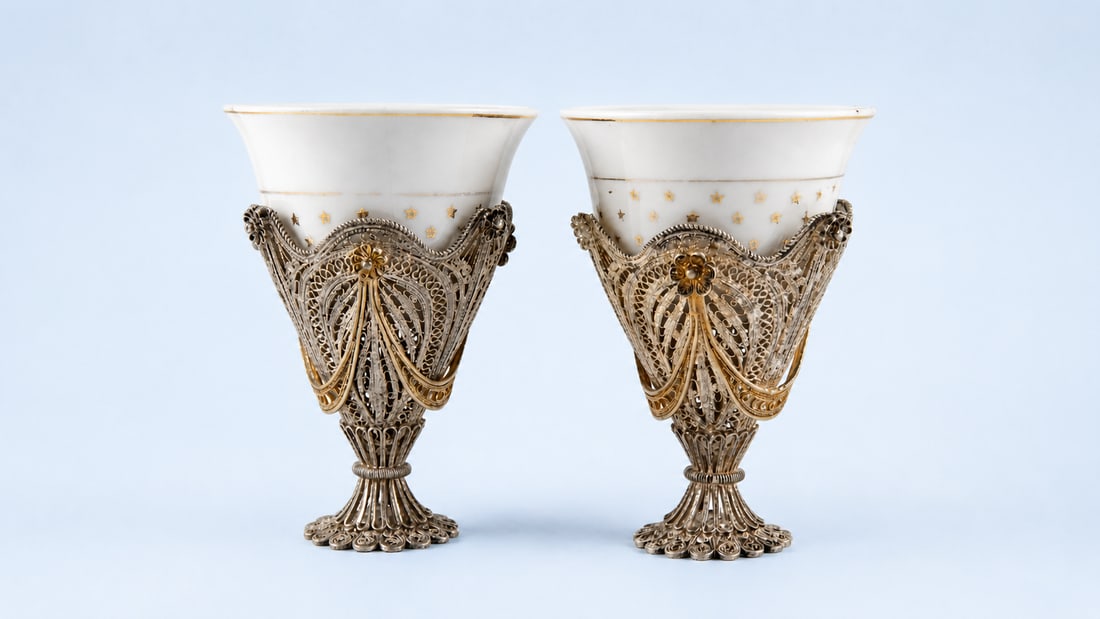 A PAIR OF OTTOMAN SILVER FILIGREE (TELKARI) ZARF WITH GILT PORCELAIN CUPS, LATE PERIOD: A fine pair of Ottoman silver filigree (telkari) zarf with original porcelain cups, dating to the late period, featuring delicately worked openwork holders of elegant flared form. The zarfs are intric