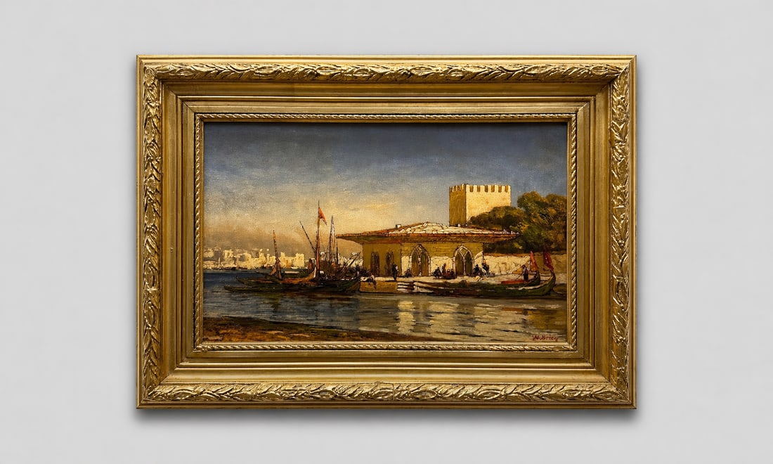 AN ORIENTALIST HARBOUR SCENE, SIGNED W. BRIEN: A decorative Orientalist harbour scene, signed W. Brien, depicting a lively waterfront setting with figures, boats, and an architectural pavilion along the shoreline. The composition captures the warm