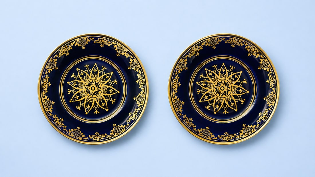 A PAIR OF SEVRES STYLE ‘BLEU DE ROI’ PORCELAIN DISHES, MADE FOR THE OTTOMAN MARKET, BEARING: This elegant pair of porcelain dishes is executed in the iconic ‘Bleu de Roi’ (Royal Blue) ground, enriched with finely detailed gilt decoration. Each dish centers on a radiating geometric starbur