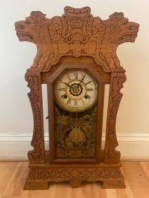 Waterbury Clock Co. Antique Lion Carved Oak Gingerbread Kitchen Clock W/ Manual Winding Key