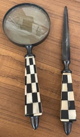Vintage Magnifying Glass & Letter Opener Matching Black & White Checkered Handle