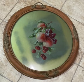 Hand Painted Reverse Glass Fruit Tray Wooden Border Ornate Brass Handles 20in