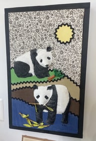 Original Multi-Media Textile 3D Oil Painting Artist M. Heil Two Pandas 22x13.5in