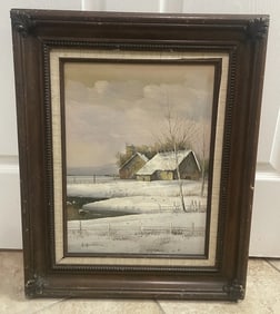 Original Oil On Canvas Framed Painting 22x19in Artist Signed “R. Austin" Snow