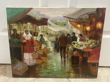 Original Oil On Canvas Painting 20x16in Street Scene / Marketplace Unknown Artist