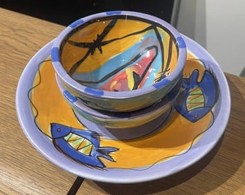 Kelly Jo New Mexico 8in Bowl & (2) 4.25in Bowls Hand Painted Colorful Fish Pattern