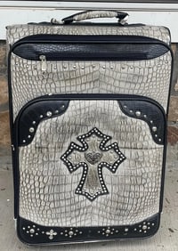 Faux Alligator Croc Skin Leather Wheeled 20in Suitcase Silver Studs Cross Grey
