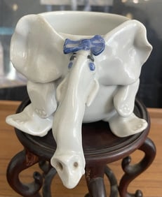Handmade Studio Pottery Elephant Animal Figure Cup Artist Signed "Emily" 3in