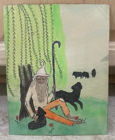 Original Oil On Paper Double Sided Artwork Fantasy / Surrealism Shepherd 10x7