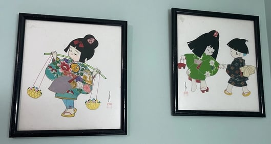 Vintage Original Japanese Fabric Wall Art Set Of 2 Floral Pattern Kimono