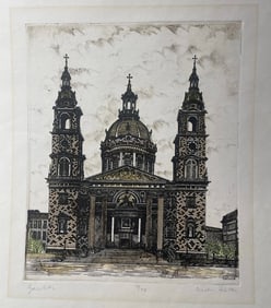 Hand Colored Lithograph Of A Religious Cathedral Artist Signed Made In Hungary
