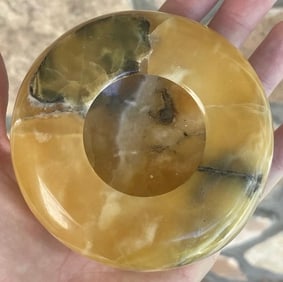 Authentic Black & Yellow Natural Agate Gemstone Base / Egg Stand Vintage