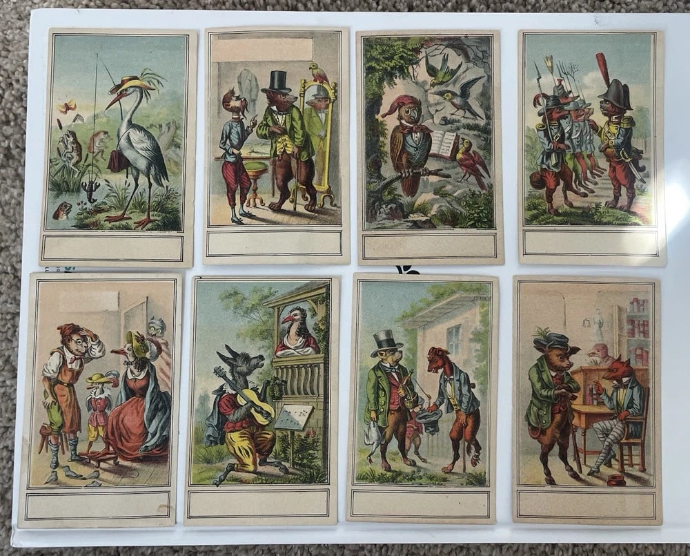 Original Antique c.1880s Victorian Trade Cards Set Of 8 Designs Blank / Unused: A rare set of 8 original 1880s Victorian trade cards (not reprints) with no company branding or stamping applied.