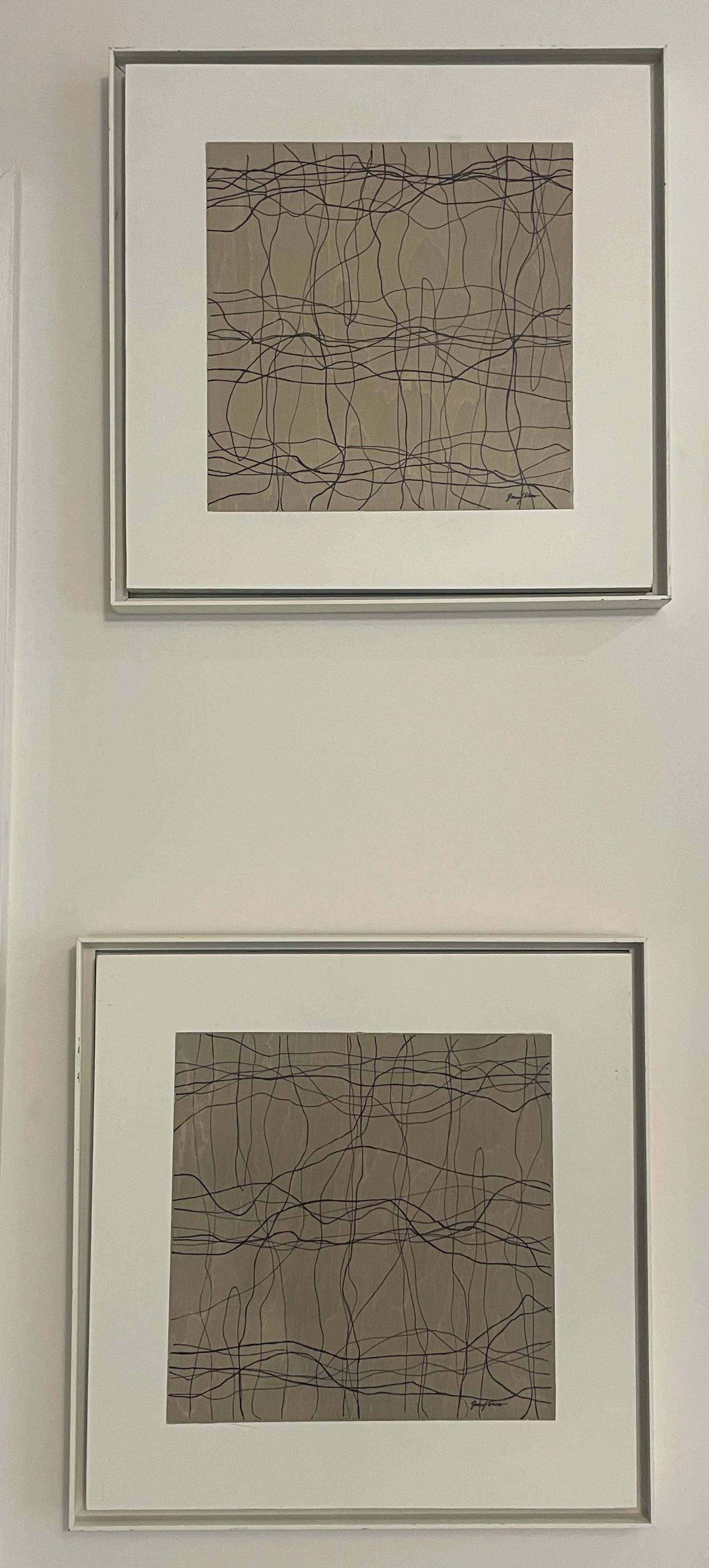 Abstract Drawings On Wood Unknown Artist Signed Framed 15x15in: 15x15in