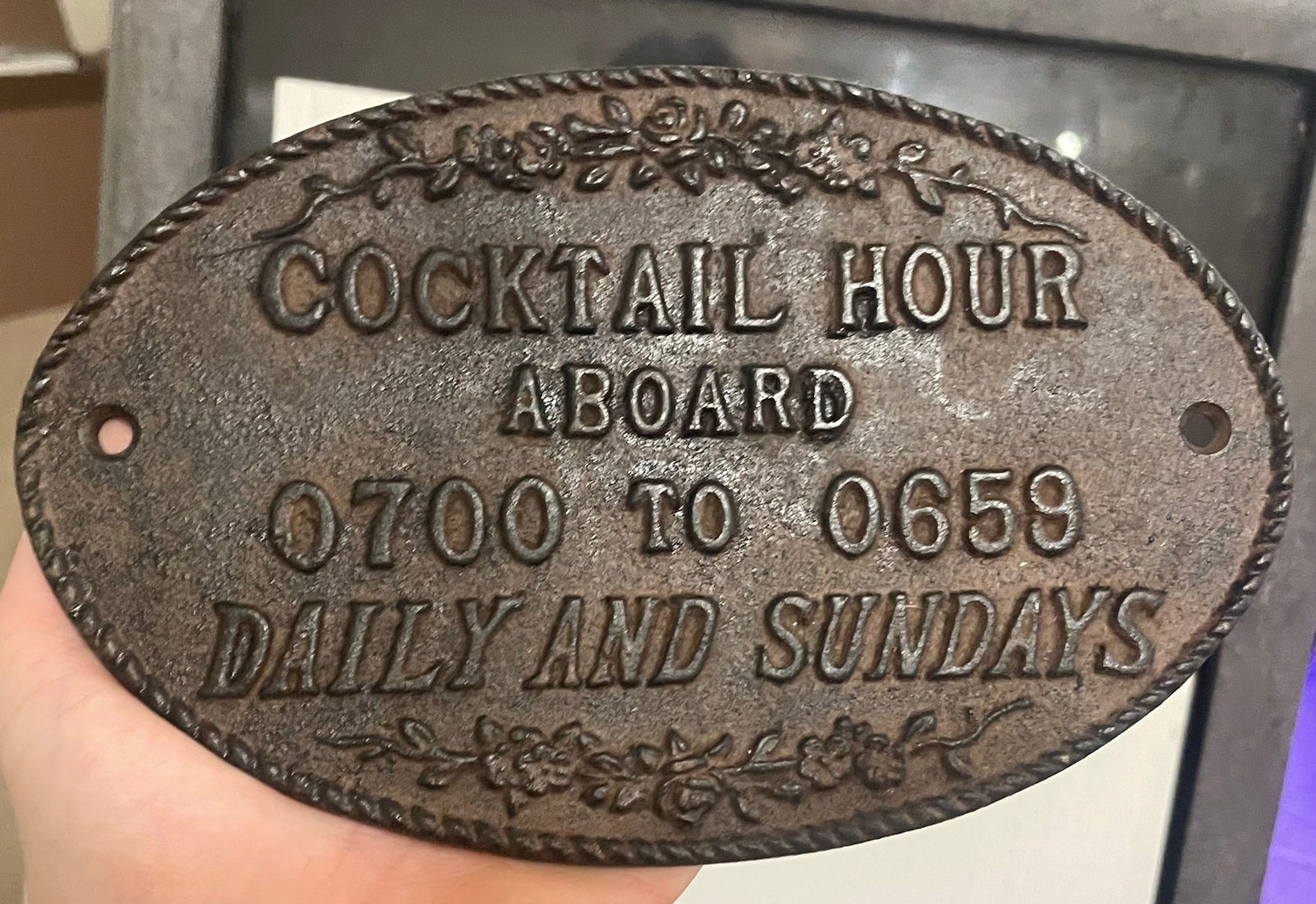 Metal Solid Cast Iron Cruise Ship Cocktail Hour Sign Vintage Possibly Antique: 8x5"