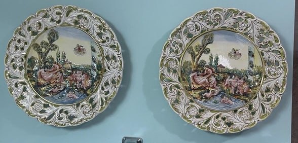 Vintage Set Of 2 Capodimonte Italy Porcelain Decorative 13in Plates 3D Ornate