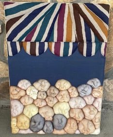 VTG OOAK Handwoven Creepy Bizarre Carnival Blob Faces Fabric Macabre Artwork