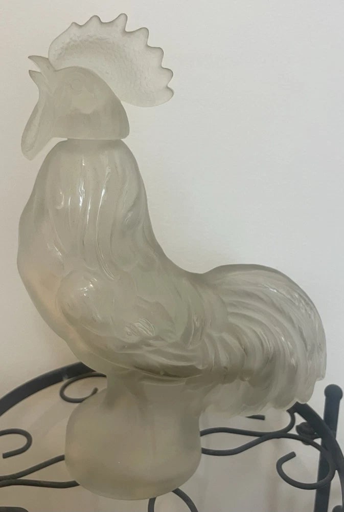 Frosted Glass Chicken Figure Decanter Removable Head Bizarre Liquor Bottle: 10in tall.