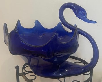 Cobalt Blue Glass Swan Figure Bowl Hand Blown Glass Large 12x8in Serving Bowl