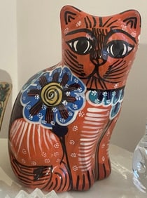 Vintage Tonala Mexican Pottery Cat Hand Painted Folk Art Vibrant Colors