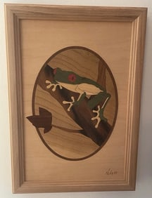 Hudson River Inlay Red Eye Tree Frog Multi-Wood Artwork 10x7in Artist Signed
