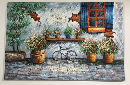 Oil On Canvas Painting Street 36x24in Artist Unknown Signed