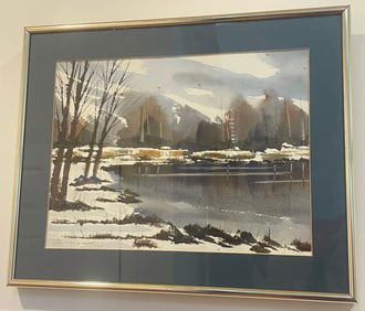 Original Watercolor Painting Snowy Landscape Artist Unknown Signed 2001 Framed 15x12"