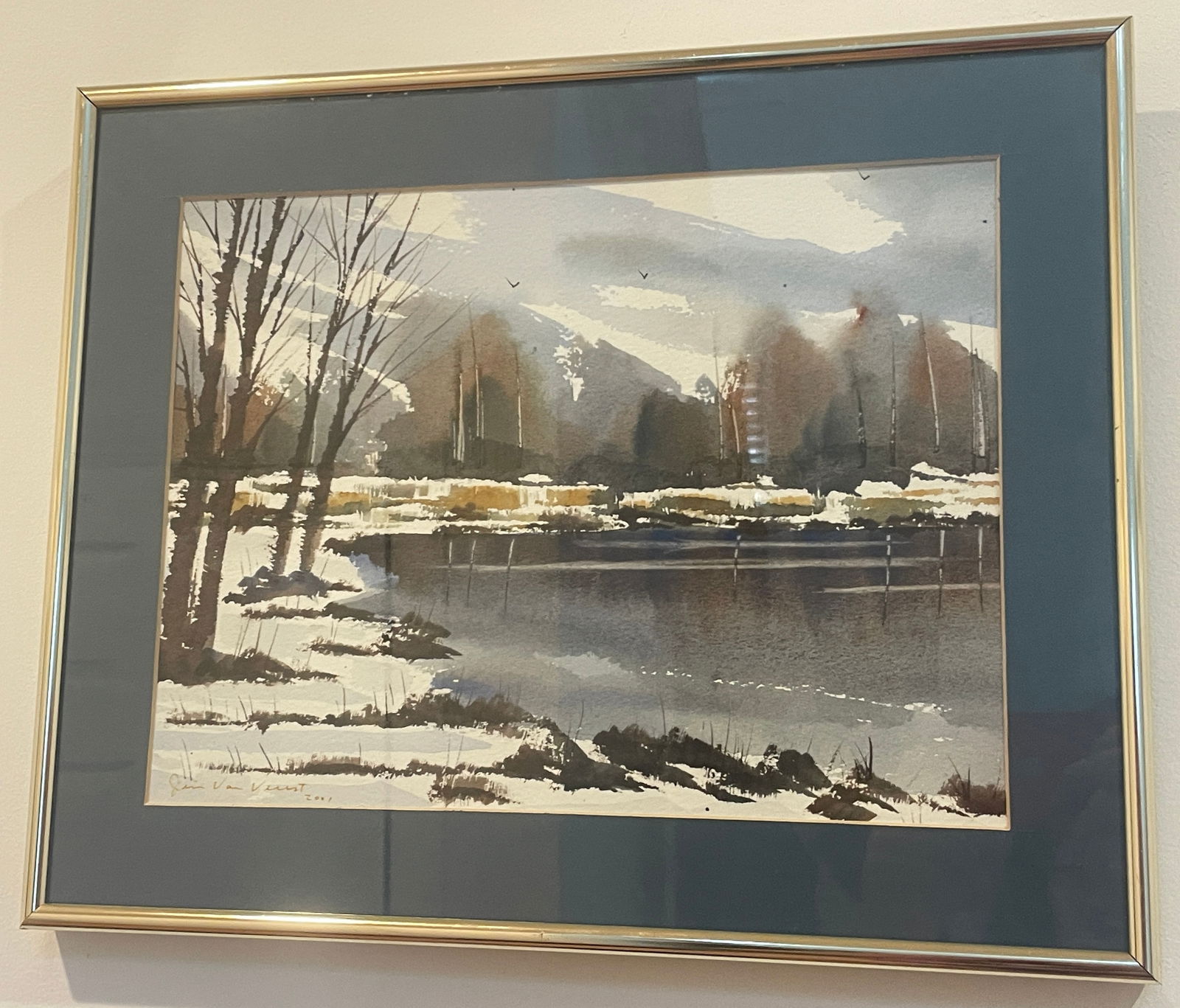 Original Watercolor Painting Snowy Landscape Artist Unknown Signed 2001 Framed 15x12" (1 of 8)