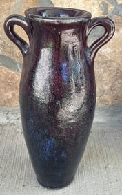 VTG Art Pottery Heavy Red & Blue Purple Glaze Ceramic Double Handle Vase 1970s
