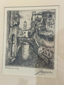 Antique c.1926 Etching Bridge of Sighs Venice Italy Artist Signed Pencil Framed