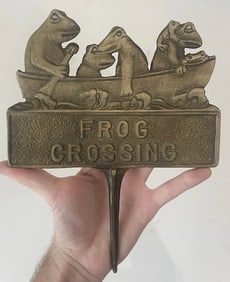 Vintage "Frog Crossing" Solid Brass Metal Sign Whimsical Fantasy Frogs in Boat