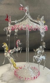 Hand Blown Art Glass Mechanical Merry-Go-Round Horses