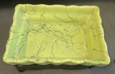 Le Ann California Pottery Green Tray w Metal Stand Signed