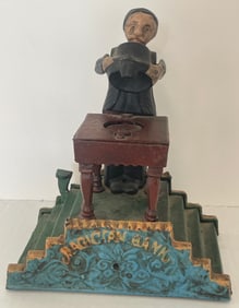 Magician Bank Mechanical Cast Iron Coin Bank J. & E. Stevens Vintage Reproduction