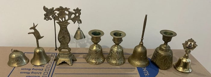 Lot Of Antique & Vintage Solid Brass Metal Bells China India Bermuda Souvenir