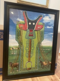 Mongolian Horse Saddle Stitchwork Original Handmade Fabric Artwork Framed 26x21in