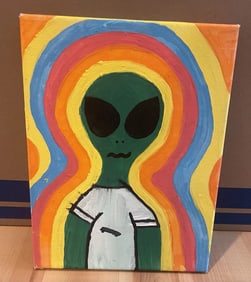 Original Oil On Canvas Painting Green Alien Rainbow Background 12x9"