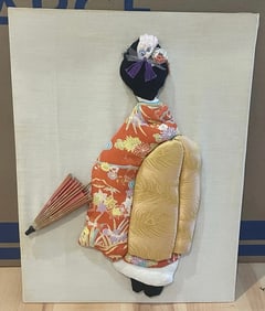 3D Japanese Fabric Artwork Geisha Girl Kimono w Umbrella Handmade 16x12"
