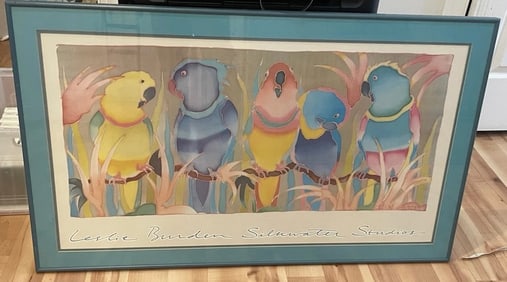 Leslie Burden Silkwater Studios Parrots Large Blue Framed 40x24" Print