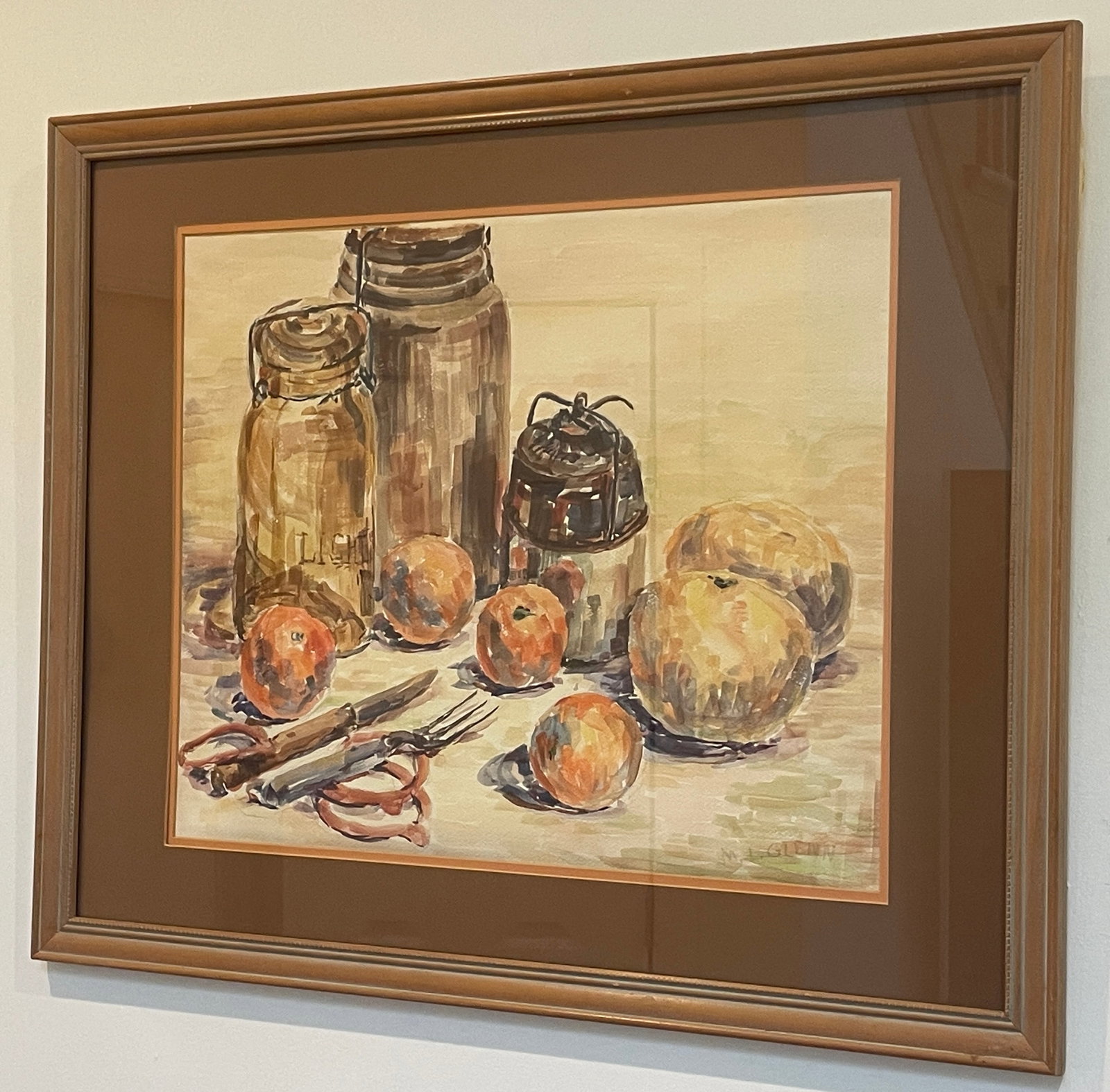 Original Watercolor on Paper Still Life Painting Signed M.L. Glenn 32x27in: Original watercolor on paper still life painting signed “M.L. Glenn”. 32x27” with the frame. Ready to be displayed.